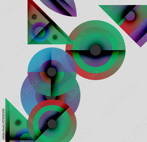 Abstract composition featuring overlapping circles, triangles. Vibrant colors blend, creating dynamic visual experience. Modern design elements present.
