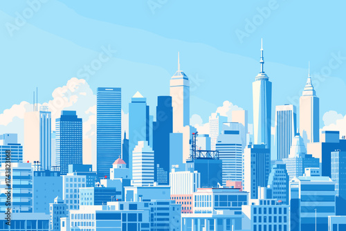 Modern city skyline panorama with vibrant blues and whites perfect for backgrounds or editorial use