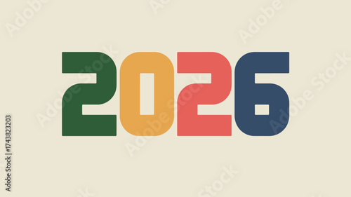 The year two thousand and twenty six displayed in a retro style with different colors for each digit