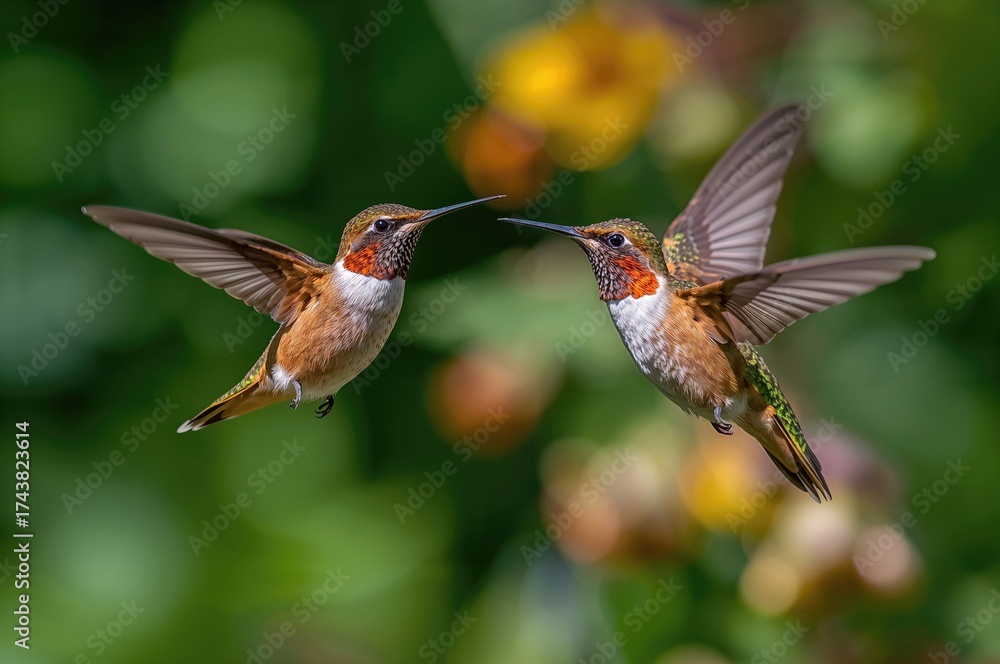 Fototapeta premium Rufous hummingbird mid-air with motionless wings