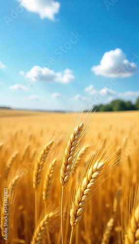 Sun-Drenched Wheat Field Swaying Gently Under a Vast Blue Sky A Picturesque Summer Harvest Landscape