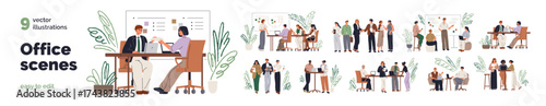 Office communication, collaboration set. Professional conversations of business teams. People, colleagues coworking, discussing during meeting. Flat vector illustrations isolated on white background