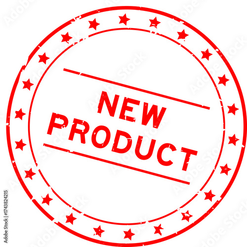 Grunge red new product word round rubber seal stamp on white background