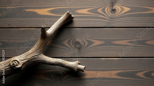Rustic Dried Branch on Dark Wood Grain Background A Natural Element Design