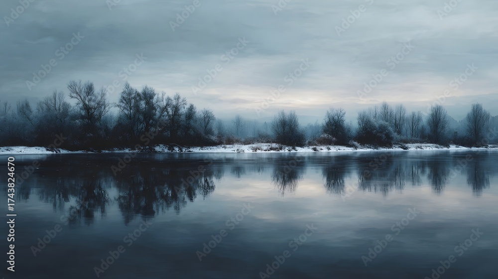 Fototapeta premium A serene winter landscape with bare trees reflected in a calm frozen river under a pale overcast sky