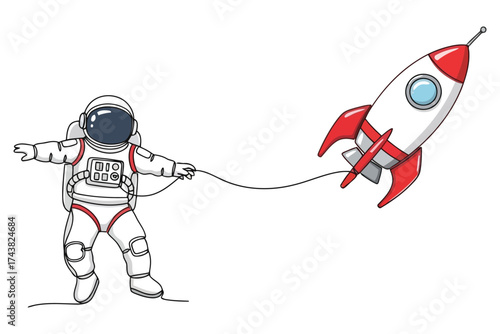 Vector art of astronaut with rocket, a space explorer pulling a rocket on a string