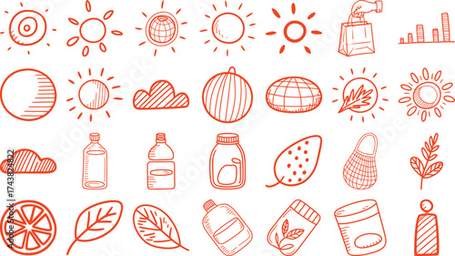 Eco-friendly lifestyle doodles in vibrant orange, perfect for sustainable living