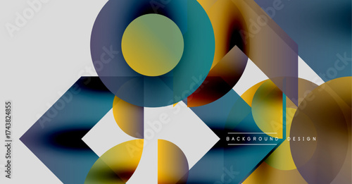 Abstract geometric shapes overlap, creating dynamic colorful composition. Modern design elements blend smoothly.