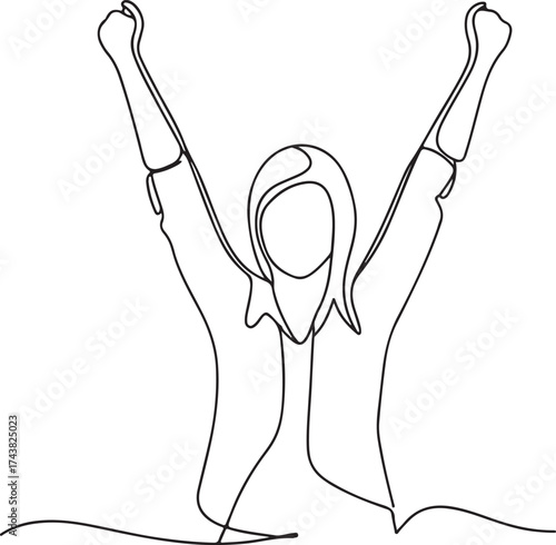 Woman celebrating with arms raised in victory line art one line art