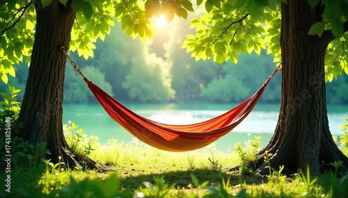 Peaceful Summer Hammock Scene Sunlight Dapples Through Leaves, Creating a Serene Atmosphere Ideal for Travel, Vacation, and Relaxation Themes.