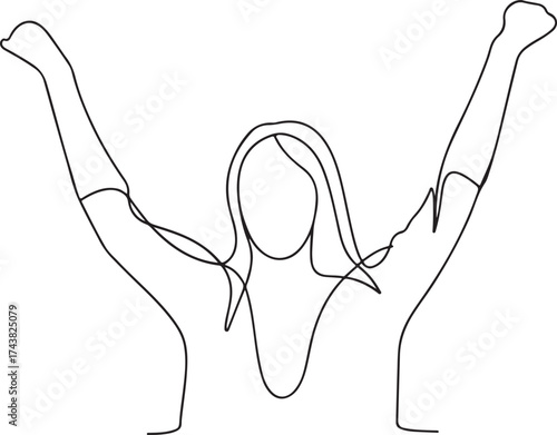 Woman celebrating with arms raised in victory line art one line art