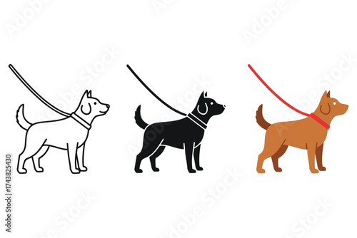 Illustration of a dog on a leash in three different styles, , showcasing pet ownership