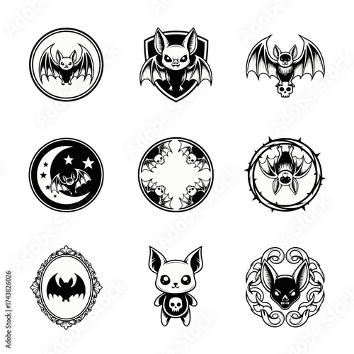 Halloween icon set of vampire bats, gothic, spooky isolated logos twitch emotes transparent background