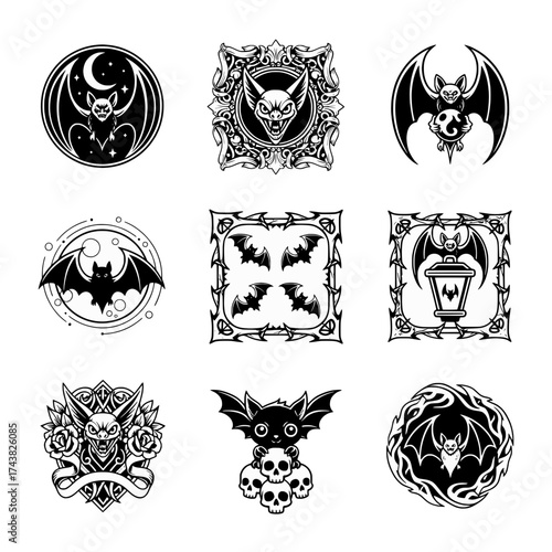 Halloween icon set of vampire bats, gothic, spooky isolated logos twitch emotes transparent background