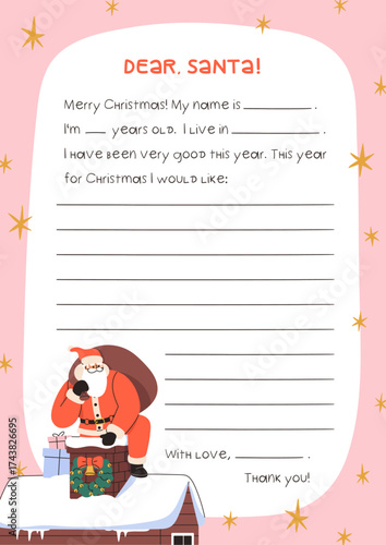 Dear Santa Claus, paper letter template, sample. Christmas wish list, winter holiday mail, Xmas design with festive decoration frame. Seasonal addressing blank with lines. Flat vector illustration