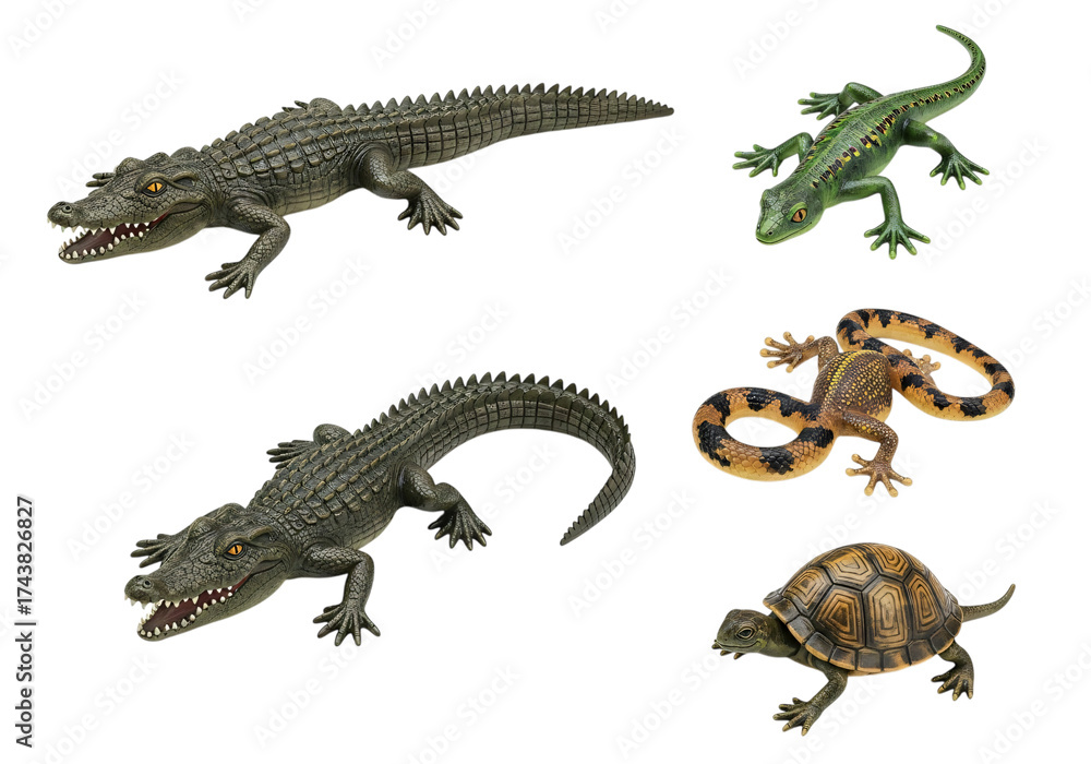 Naklejka premium Collection of toy reptiles including crocodiles, lizard, gecko, and turtle isolated on transparent background