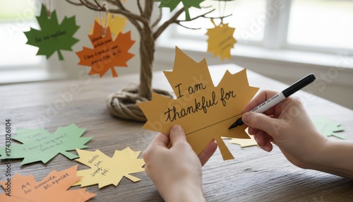 Crafting a thankful tree with handmade paper leaves for gratitude reflection.