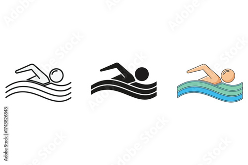 Vector art of swimmer icon set, a collection of swimming person symbols in various styles