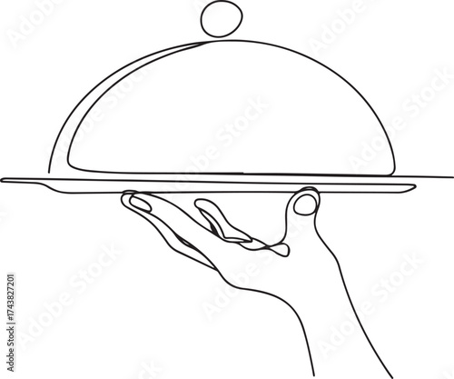 Elegant hand serving a covered dish on a tray one line art