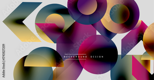 Abstract colorful shapes overlap. Gradient hues create dynamic composition. Modern design elements suggest creativity, innovation.