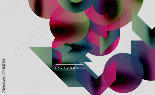 Abstract geometric shapes overlap, creating vibrant color gradients. Design features blurred edges, modern aesthetic.