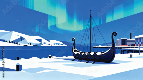 Illustration Of Oslo Harbor With Replica Viking Ship In Snowy Fjord Background And Aurora Vector Design Template