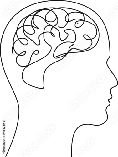 line of a human head showing a detailed brain illustration