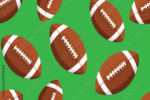 Vector art of seamless pattern of american football ball on green background, perfect for sports themed designs