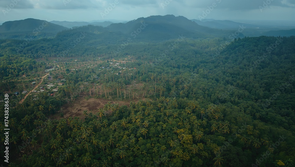 Fototapeta premium Aerial drone shot showing environmental issues caused by deforestation in a tropical rainforest