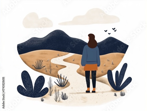 Full-body illustration of a woman facing the horizon. The rural path, soft light, and solitude convey exploration, choice, and peaceful adventure.