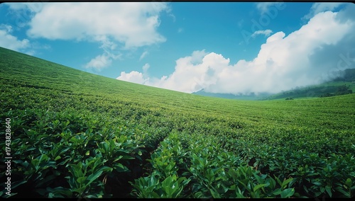 A hillside blanketed with dense tea bushes under a bright sky