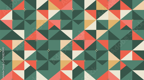 Geometric pattern with triangles and squares in shades of green orange and beige creating a mosaic design