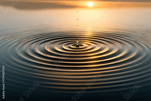 A perfect concentric circle of water ripples expanding gently across a still pond at dawn, symbolizing peaceful awareness.