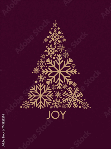 Merry Christmas card. Winter holiday poster with Xmas tree shaped from snowfl...