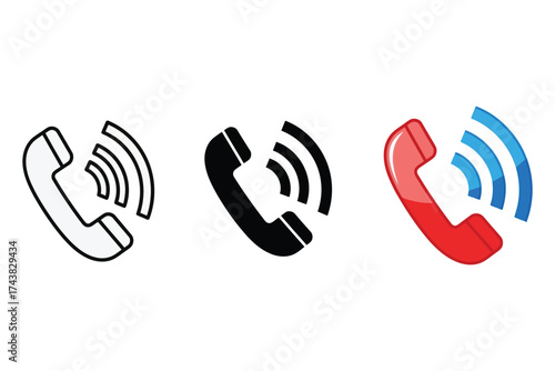 Vector art of set of three telephone receiver icons, representing communication and connection