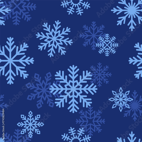 Snow flakes, seamless pattern. Snowflakes falling, endless background design. Repeating winter holiday print. Festive ice crystal, seasonal snowy weather texture for wrapping. Flat vector illustration