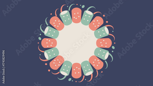 Circular arrangement of stylized marshmallows with pastel colors on a dark blue background