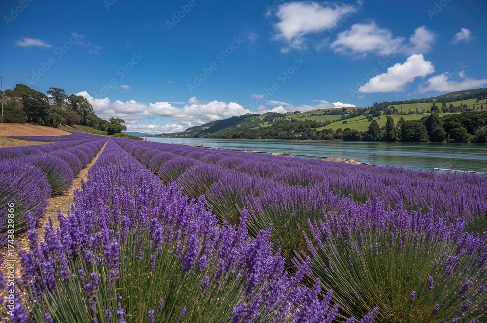 Naklejka premium Lavender fields located alongside a peaceful river in a northern region