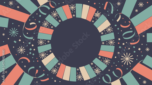 Festive background with a circular frame of ribbons snowflakes and confetti on a dark blue backdrop