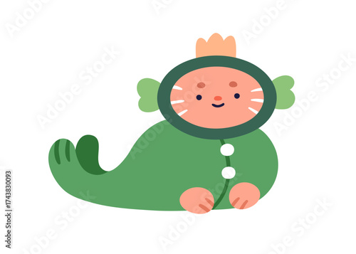 Funny kids toy with cute face, tail. Fancy fictional animal for baby play. Quirky whimsical fairytale plush character, merbaby. Childish flat vector illustration isolated on white background