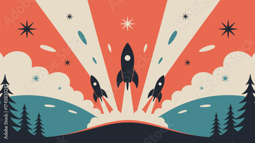 Three rockets launching into the sky with stars and trees in a retro styled illustration art work