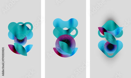 Abstract art. Three panels display overlapping translucent shapes, gradients shifting from teal to purple. Minimalist design, soft hues, modern aesthetic.