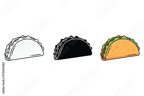 Vector art of taco illustration set, featuring line art, silhouette, and colorful versions
