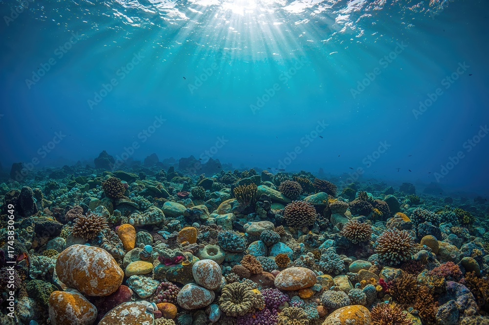 Naklejka premium Vibrant pebbles resting beneath the sea against a natural background