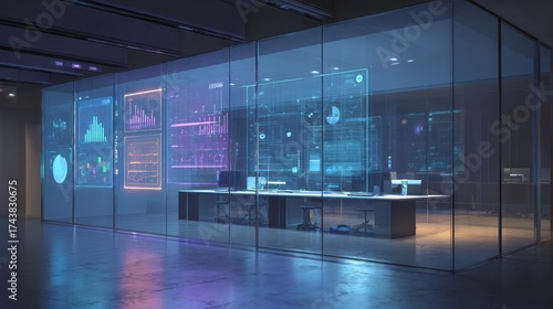Wallpaper Mural Futuristic Glass Office with Holographic Data Dashboards and Analytics Screens. AI generative Torontodigital.ca