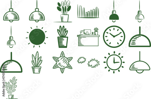 Modern office icons create fresh vibes with plants, sun, and office supplies