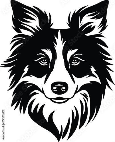 Mudi head silhouette with pointed ears, curly coat, and alert expression in black vector