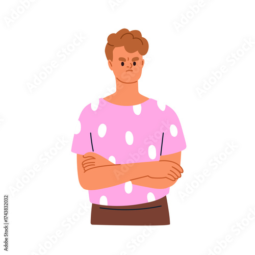 Annoyed man frowning, arms crossed. Angry irritated dissatisfied male, displeased resentful emotion, face expression. Frustration and tension. Flat vector illustration isolated on white background