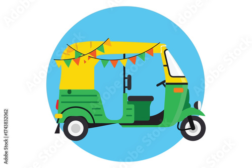 Vector art of green and yellow auto rickshaw decorated with colorful bunting vector illustration