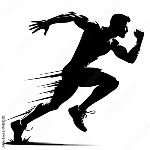 Black and White Vector Silhouette of a Man Sprinting Fast in Action Pose